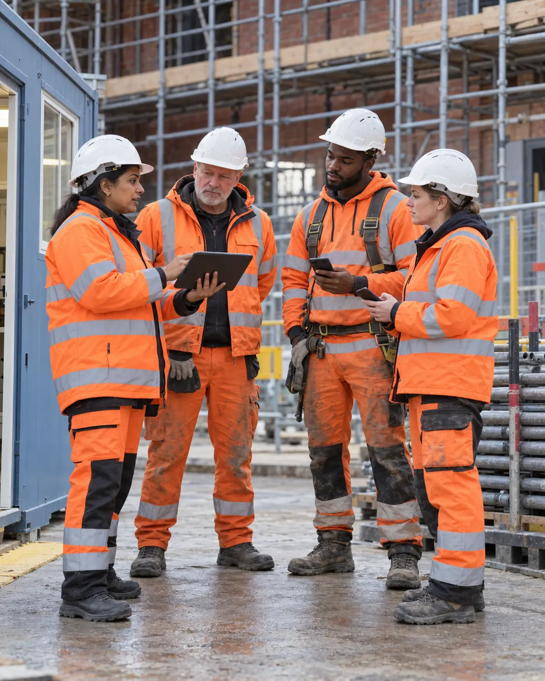 A scaffolding crew in orange high-vis and hard hats listening to a supervisor with a tablet