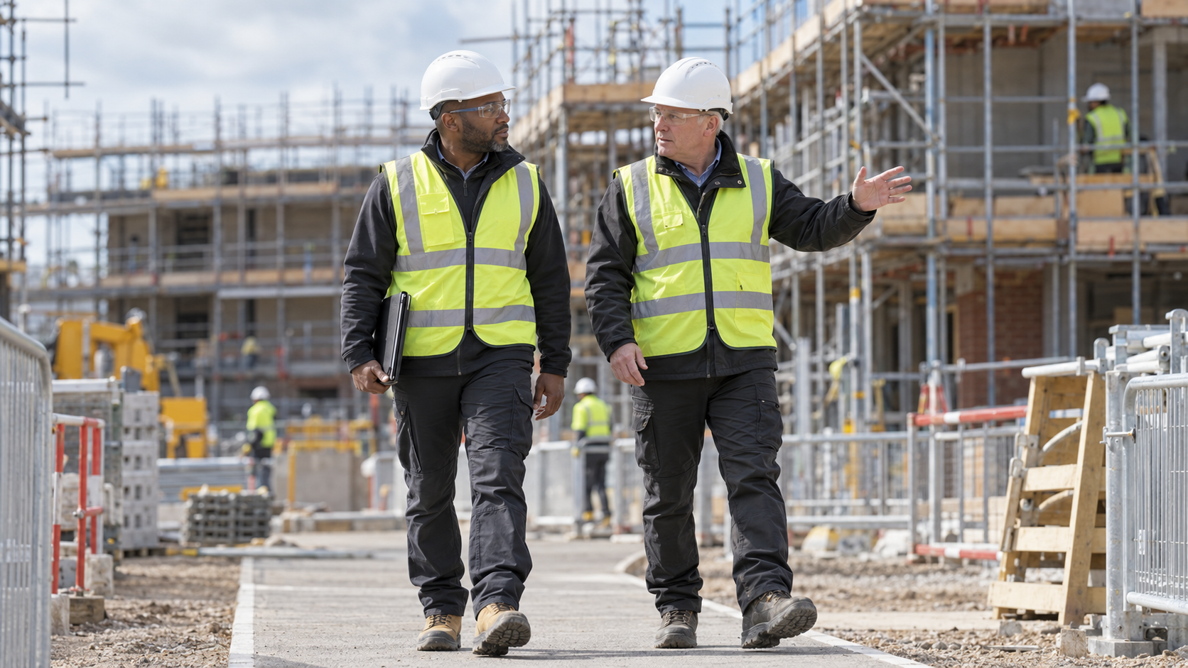 Site supervisors walking through a building site with scaffolding