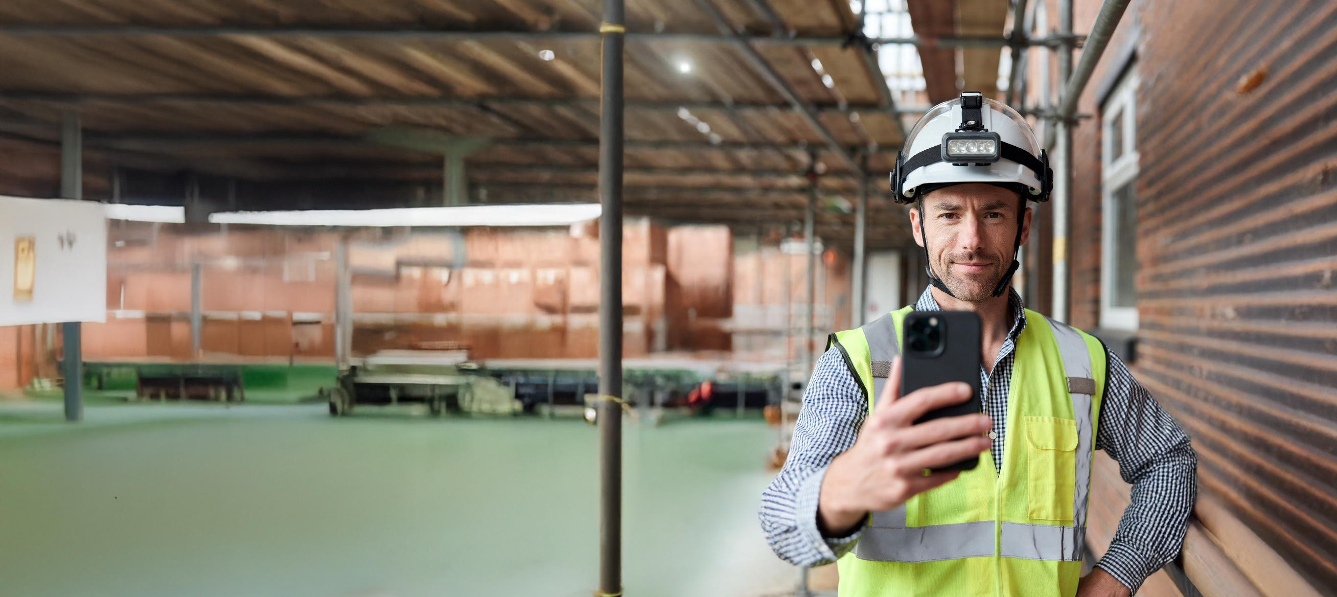 A smiling site professional in a hard hat holding up a phone on a building site