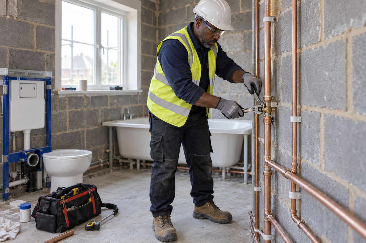 Plumber working on copper pipework in a property