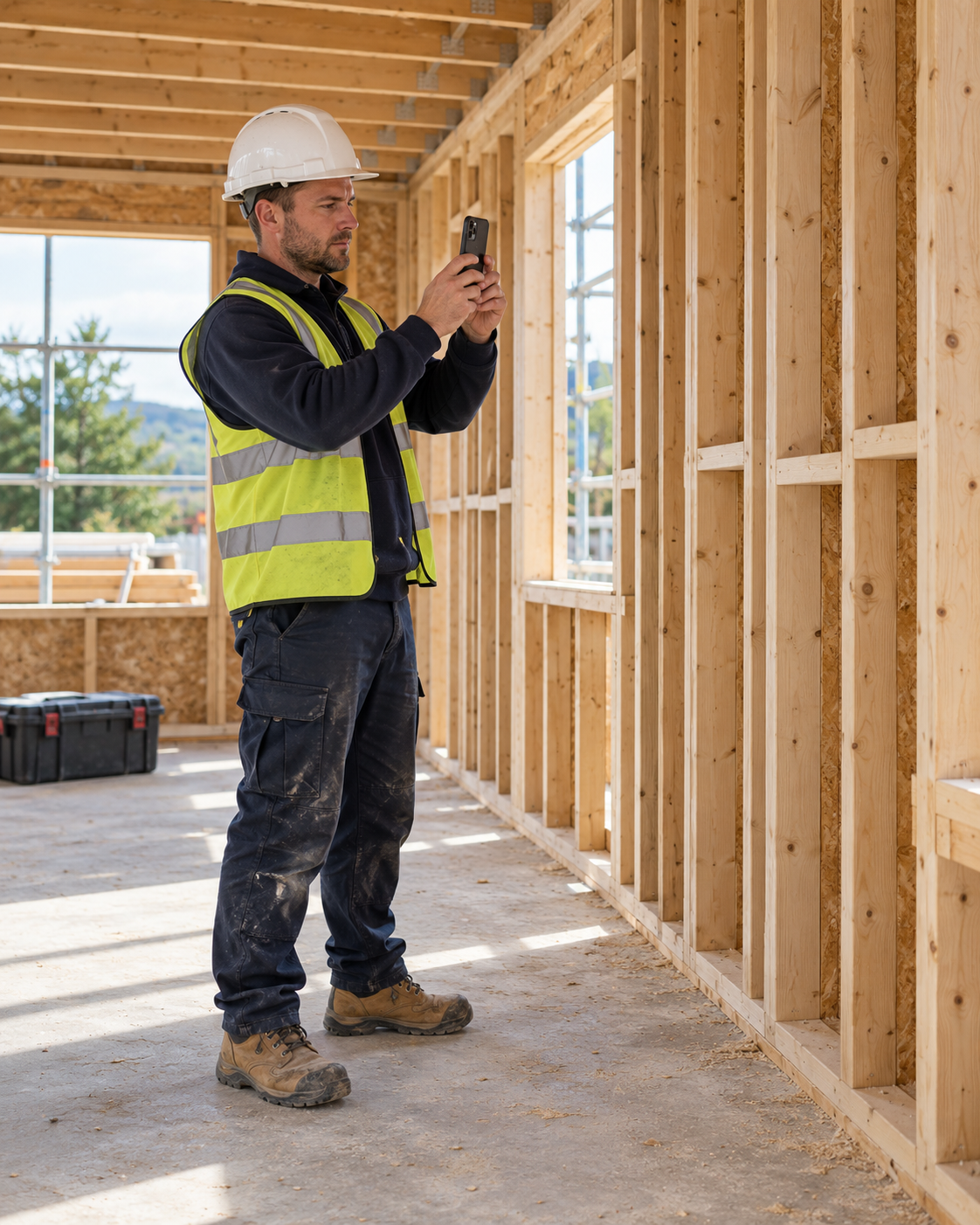 Tradesperson using a device to document work inside a timber framed property