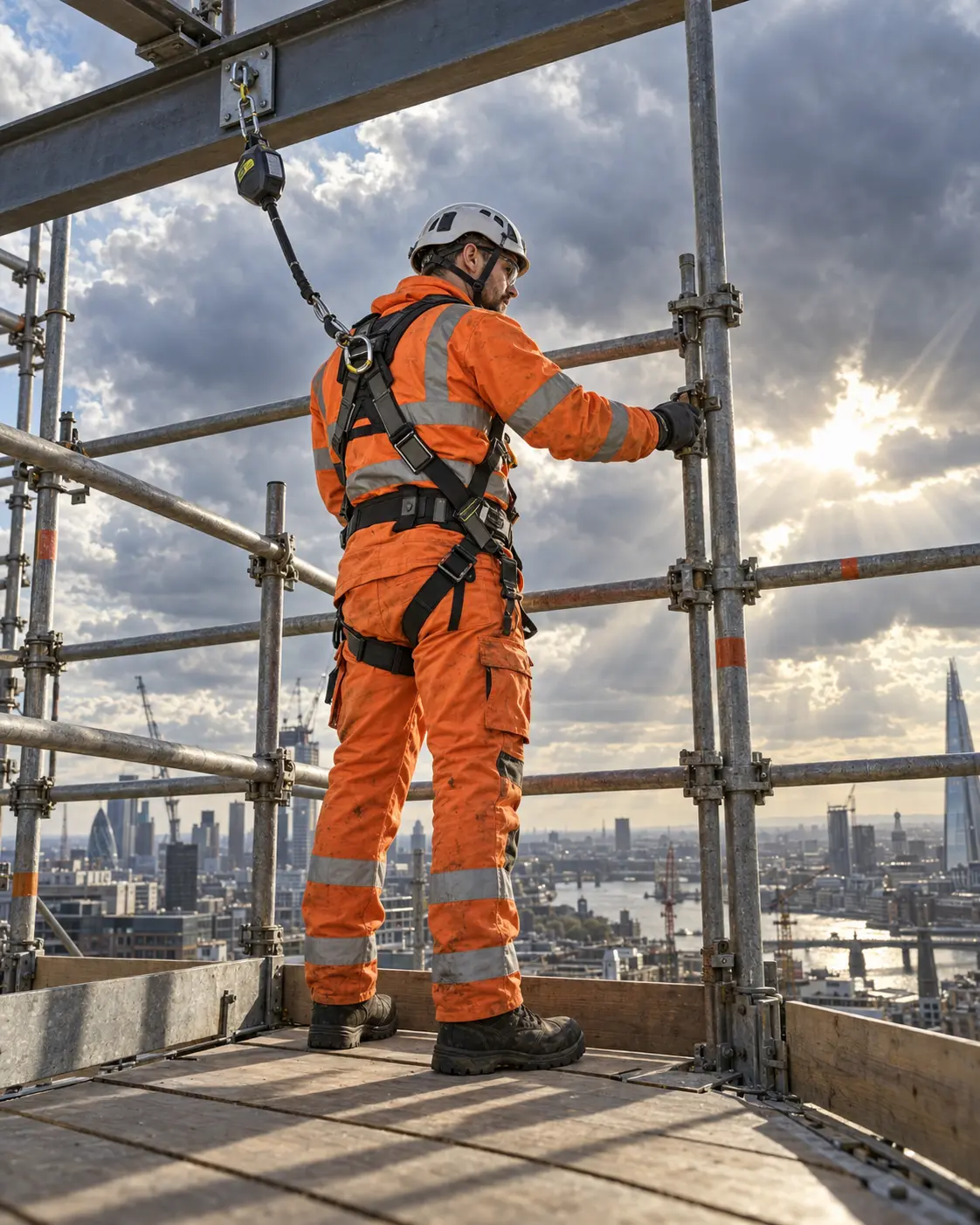 A worker in full harness clipped on to a scaffold high above the city
