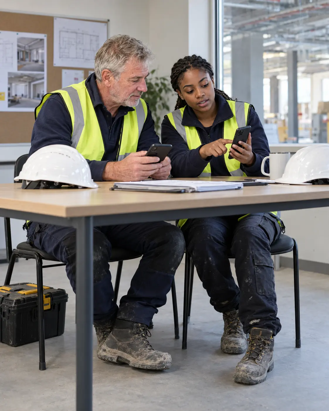 Two people at a site office desk going through an induction together on a phone